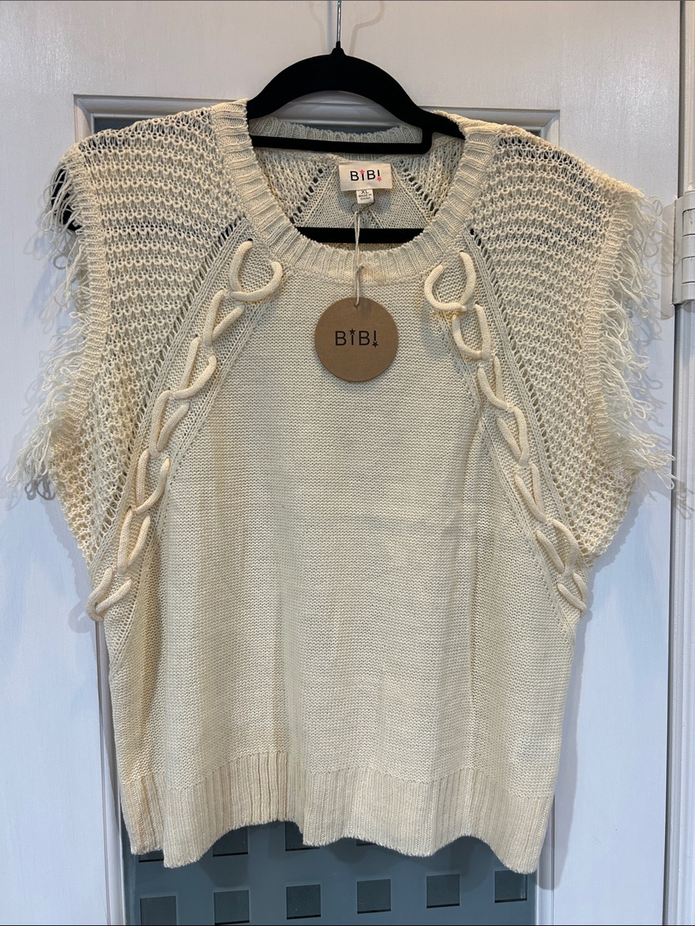BiBi Cream Open-Knit Fringe Cable-Trim Sweater Vest